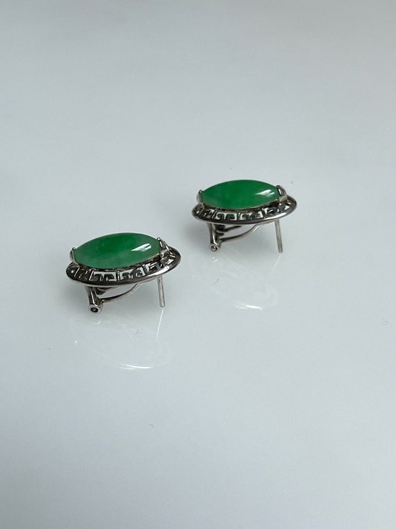 Vintage Marquise Green Jade Oval Silver Earrings … - image 3