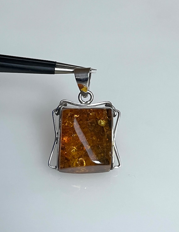 Vintage Angular Square Amber Silver Pendant Minim… - image 1