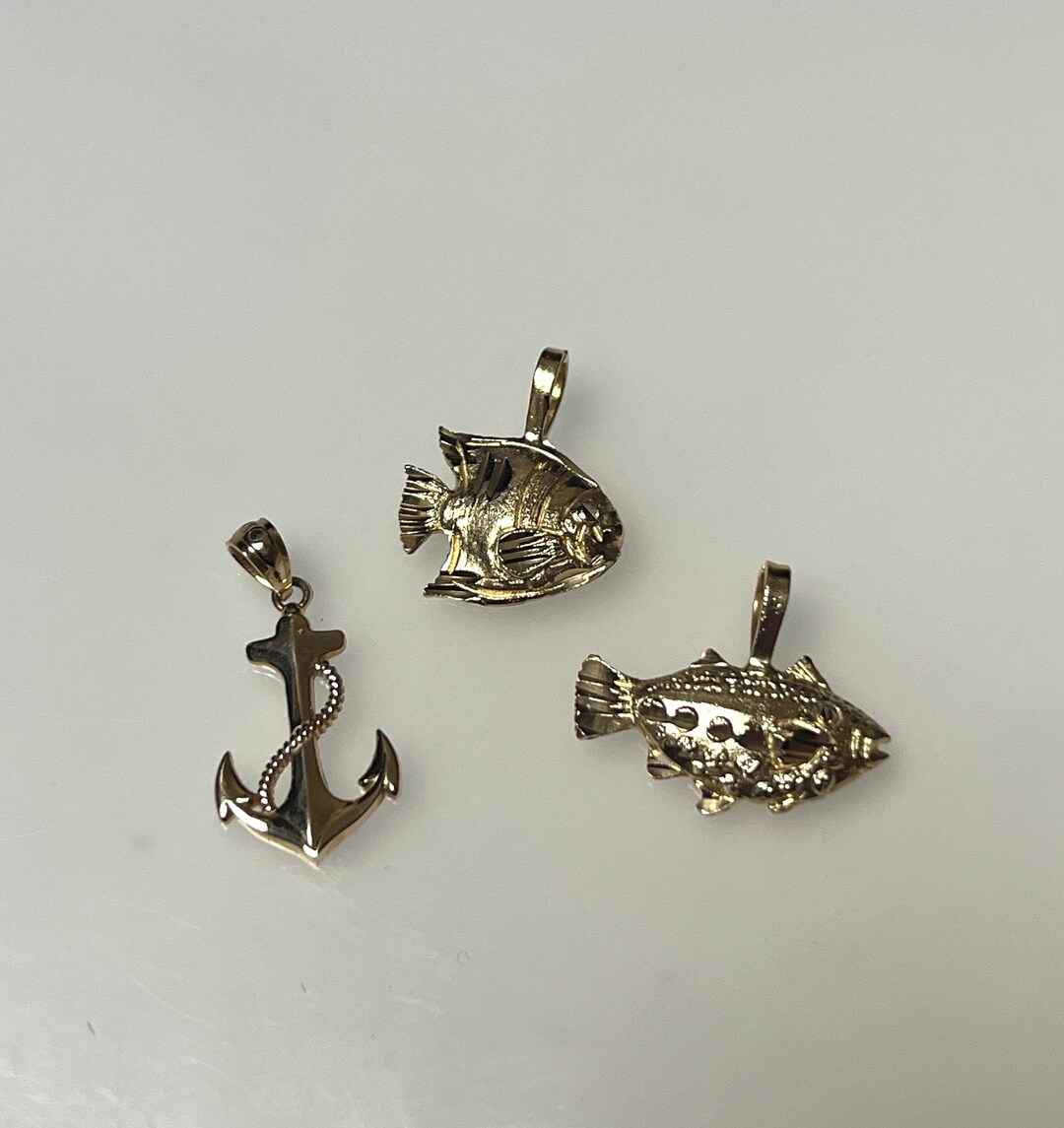 Nautical Anchor & Fish Charms 14K Yellow Gold Aquatic Pendant Variety ...