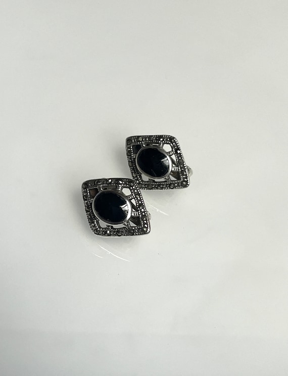 Vintage Diamond Shape Black Onyx Clip On Silver E… - image 1