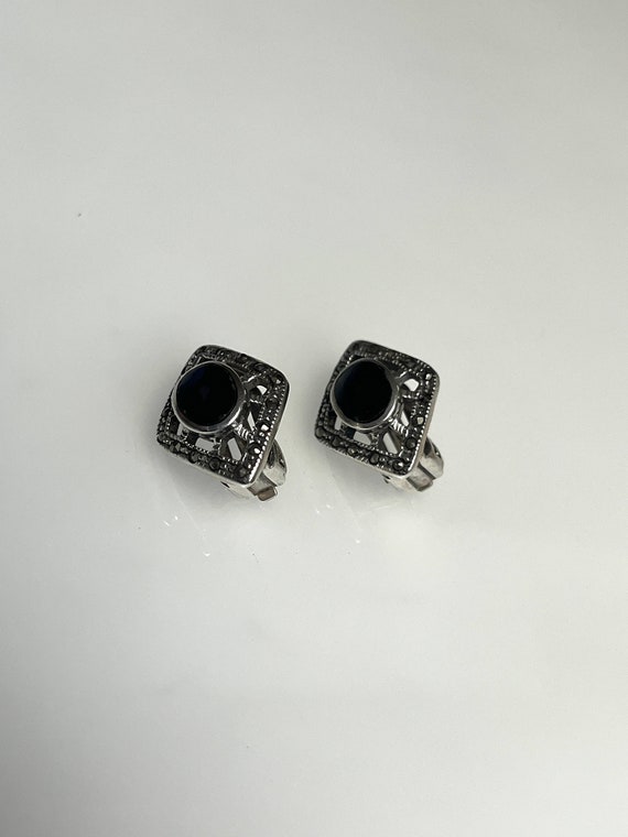 Vintage Diamond Shape Black Onyx Clip On Silver E… - image 3