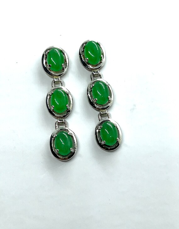 Vintage Green Jade Silver Dangle Earrings Vibrant… - image 4