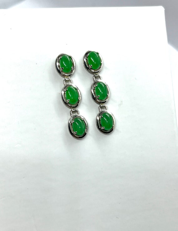 Vintage Green Jade Silver Dangle Earrings Vibrant… - image 2