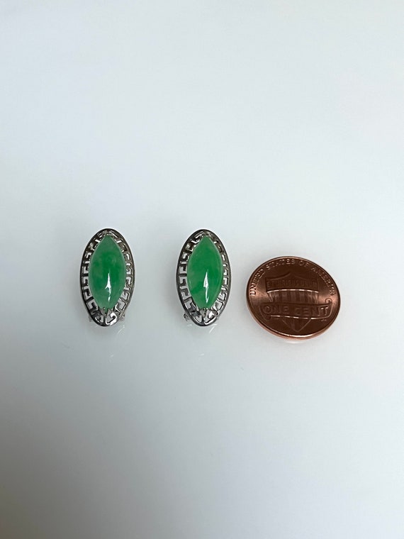 Vintage Marquise Green Jade Oval Silver Earrings … - image 8
