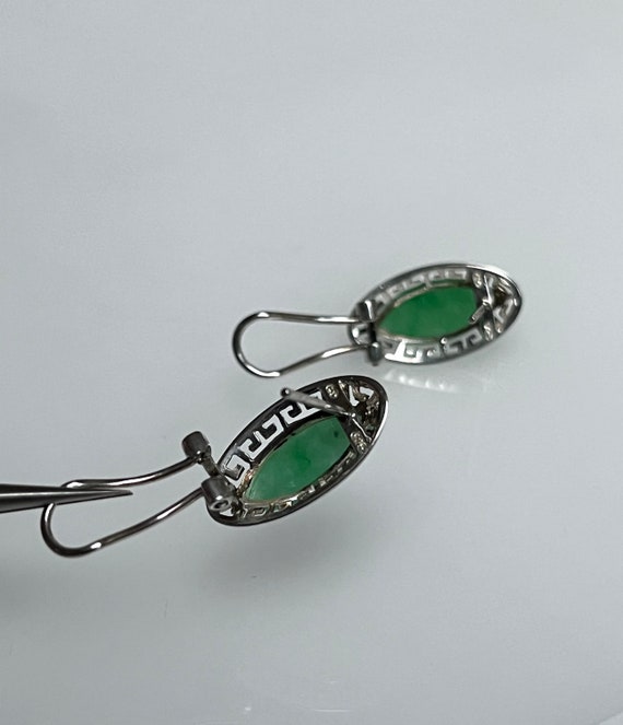 Vintage Marquise Green Jade Oval Silver Earrings … - image 6