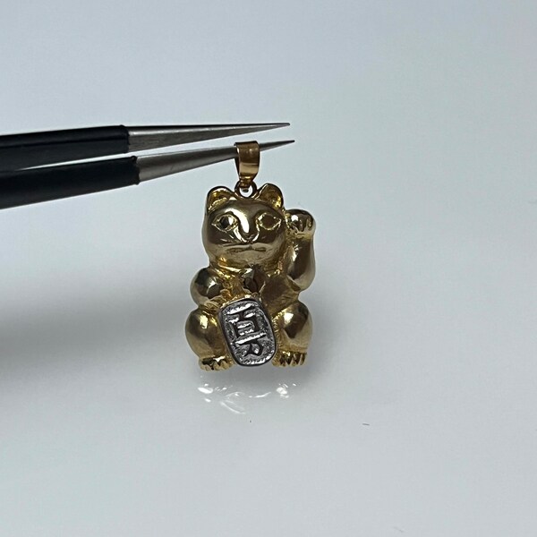 Unique Fortune Cat 14K Gold Pendant Vintage Maneki Neko Greeting Beckoning Kitty Meow Charm Prosperity Lucky Wealth Special Birthday Gift