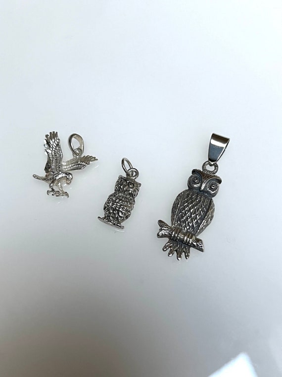 Vintage Birds Eagle Owl Silver Pendants Unique an… - image 1