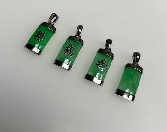 Vintage Lucky Chinese Green Jade Curved Rectangle Silver Pendant Charm Fortune Dangle Vibrant Gemstone Simple Classic Design Gift Unisex