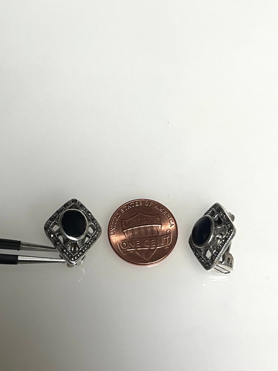 Vintage Diamond Shape Black Onyx Clip On Silver E… - image 9