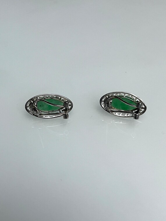 Vintage Marquise Green Jade Oval Silver Earrings … - image 4