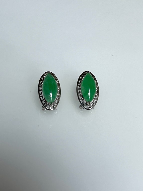 Vintage Marquise Green Jade Oval Silver Earrings … - image 1