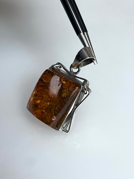 Vintage Angular Square Amber Silver Pendant Minim… - image 3