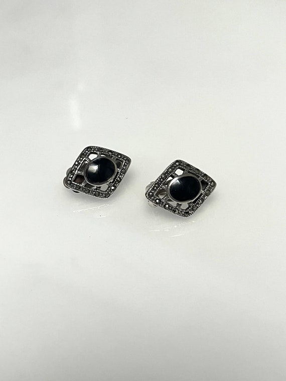 Vintage Diamond Shape Black Onyx Clip On Silver E… - image 2