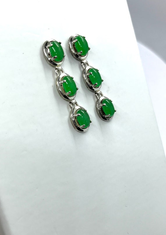 Vintage Green Jade Silver Dangle Earrings Vibrant… - image 5