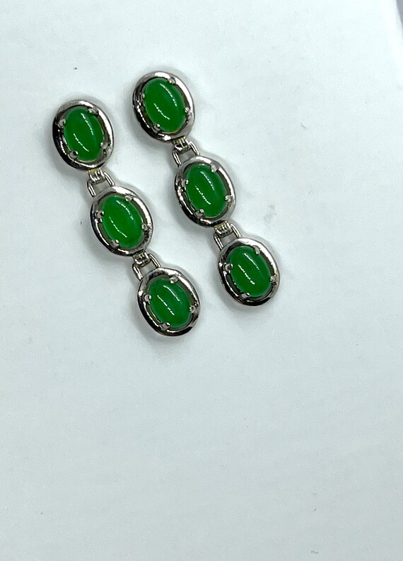 Vintage Green Jade Silver Dangle Earrings Vibrant… - image 3