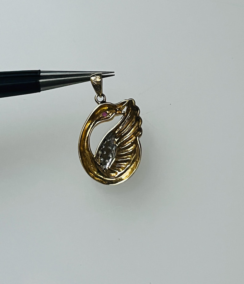 14K Yellow Gold Graceful Swan Diamond Ruby Pendant Unique Adorable