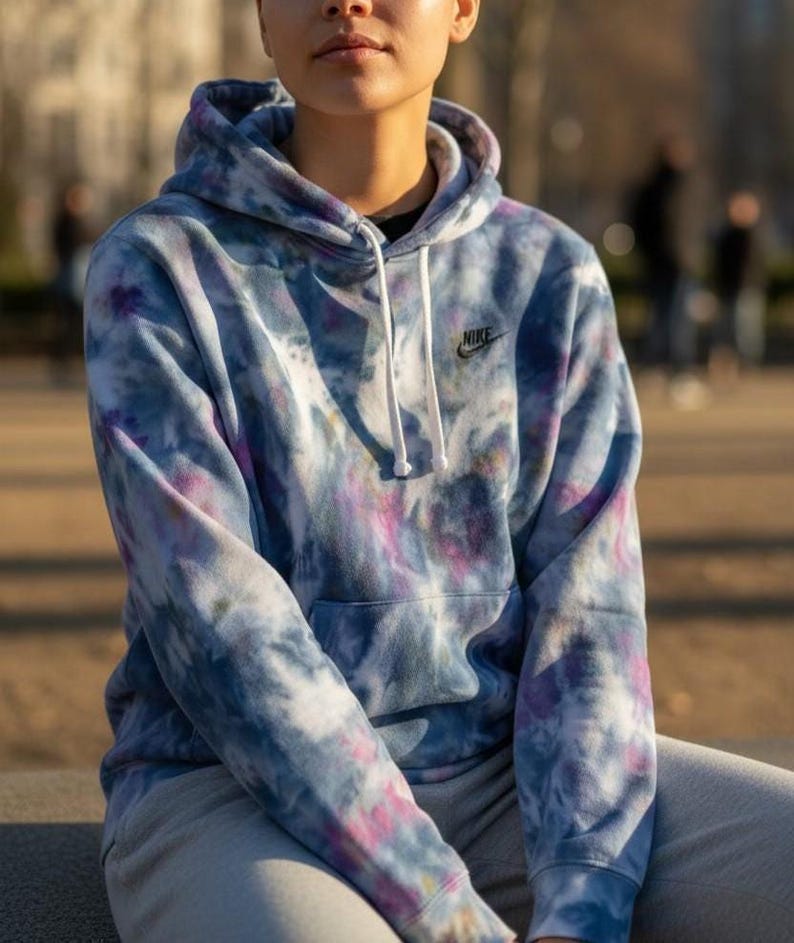 SMALL Upcycled Nike Tie-Dye Hoodie, Hand-Dyed Blues & Pink Bild 1