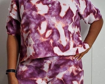 Medium Watercolor Cotton Waffle Knit Shorts Set: Boho Beach Outfit