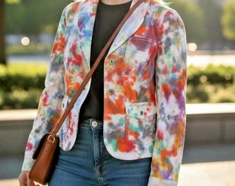 Size 2 Hand-Dyed Tie Dye Stretch Cotton Blazer: Upcycled Boho Artwear