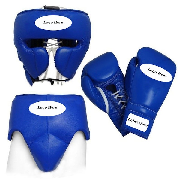 New Customized Any Logo, Any Label Boxing Gloves, Head Gear, Groin Protection & 3 in 1 set 100% Real Leather, Satisfaction Guaranteed