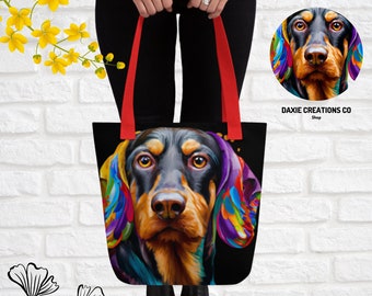 Sausage dog tote bag (black with red handles), vibrant pop art graphic Dachshund shopping bag, dog lover shoulder bag