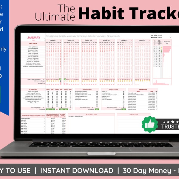 Gewoonte Tracker Spreadsheet-sjabloon voor Google Spreadsheets, 2024 Gewoonte Tracker afdrukbaar, digitale doelplanner, doeltracker, routinetracker ADHD