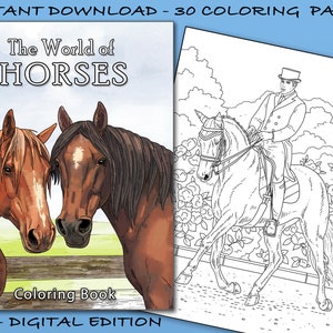The World of Horses Coloring Book - 30 Beautiful equine illustrations in various settings. (Printable PDF / Instant Download)