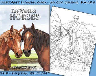 The World of Horses Coloring Book - 30 Beautiful equine illustrations in various settings. (Printable PDF / Instant Download)