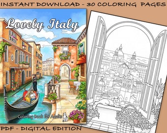 Lovely Italy Coloring Book - 30 Beautiful Illustrations of Historical Buildings and Landscapes. (Printable PDF / Instant Download)