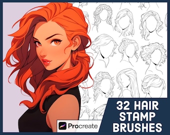32 Hair Stamp Brushes For Procreate - Female Hair Styles - Line Art Manga Anime Brush Set - Realistic Hair Brush Pack