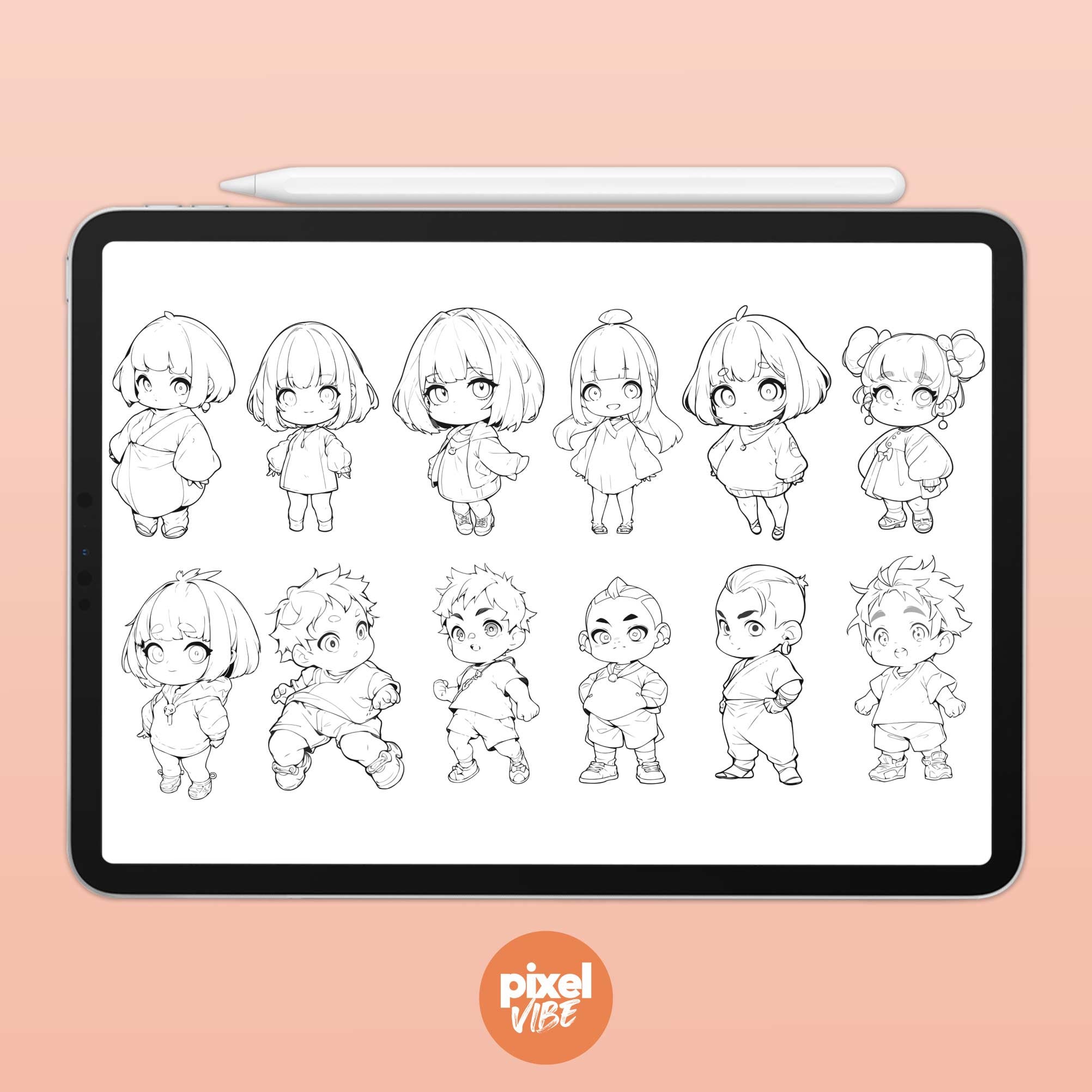 96 Chibi Character Guide Stamp Brushes for Procreate Anime Illustration ...