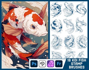 Puede incluir: Ilustración digital de una carpa koi con patrones blancos, naranjas y rojos, sobre un fondo azul y verde. La imagen también incluye 18 pinceles de sellos de peces koi, iconos de software y el texto "18 KOI FISH STAMP BRUSHES".