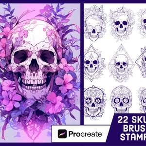 Pode incluir: Uma ilustração digital de uma caveira cercada por flores rosa e roxas. A imagem faz parte de um conjunto de 22 carimbos de pincel de caveira para Procreate.