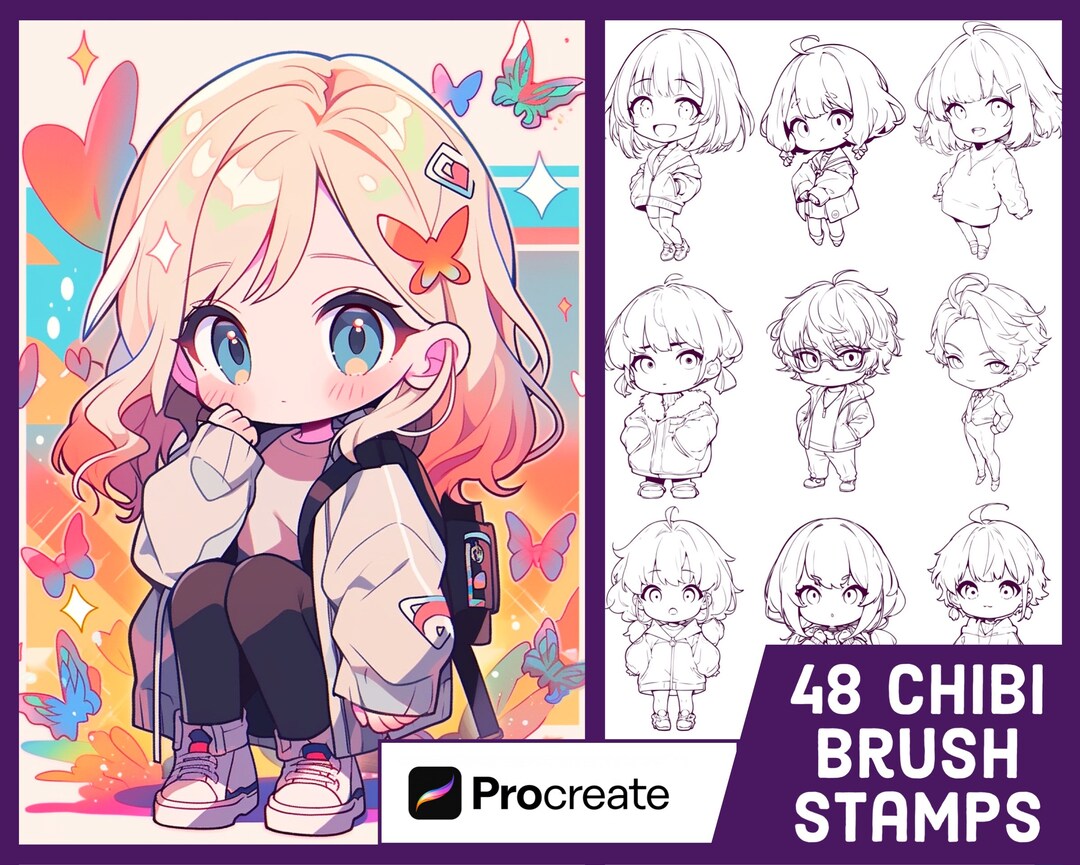 48 Chibi Character Guide Stamp Brushes for Procreate Anime Illustration ...