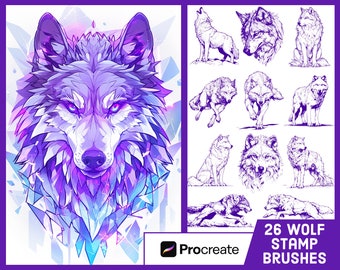 26 Wolf Stamp Brushes For Procreate - Animal Illustration Brush Pack
