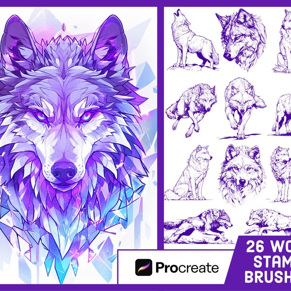 26 Wolf Stamp Brushes For Procreate - Animal Illustration Brush Pack