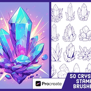 Puede incluir: Un conjunto de 50 pinceles de sello de cristal Procreate. La imagen muestra un cristal colorido con un degradado morado y azul. El texto "50 CRYSTAL STAMP BRUSHES" está en blanco sobre un fondo negro.