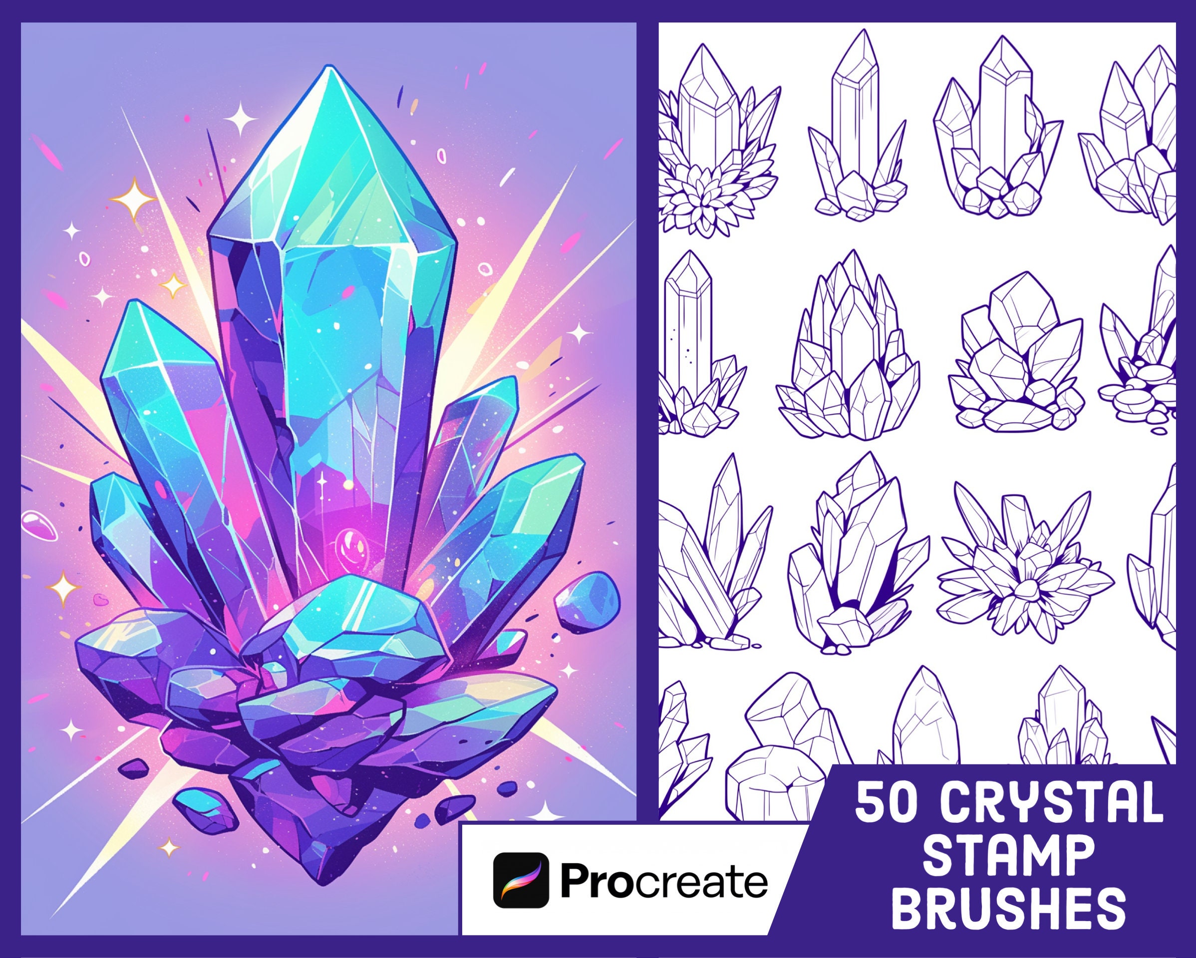 50 pinceles sello de cristal y roca para Procreate – Pack de pinceles de ilustración de gemas + Bonus