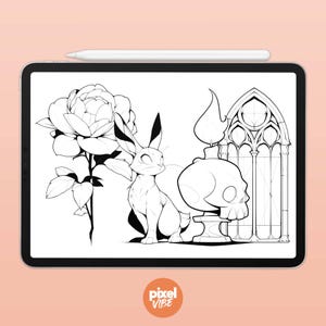 May include: Line art drawing of a rose, a small fox-like creature, a skull with a candle on top, and a gothic window.