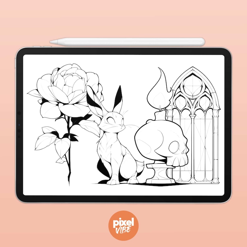 May include: Line art drawing of a rose, a small fox-like creature, a skull with a candle on top, and a gothic window.