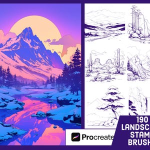 May include: Digital art landscape stamp brushes for Procreate. The image features a vibrant, stylized mountain scene with a sunset and a river, alongside black and white landscape sketches. Text reads "190 Landscape Stamp Brushes".