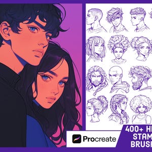 May include: A digital illustration of two people with black hair. The image is in a purple and pink colour scheme. The image is a promotional image for a Procreate app brush set. The text on the image reads "400+ Head Stamp Brushes".