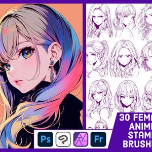May include: Digital art featuring a colorful anime-style woman with blue and yellow eyes, and long hair with pink, blue, and yellow highlights. The image also includes a collection of 30 female anime stamp brushes, with software icons for Photoshop, Procreate, and Affinity.