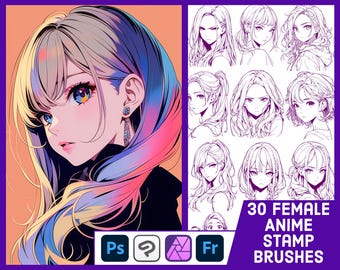 30 manga-gezichtsstempelborstels voor Photoshop, Clip Studio, Affinity (ABR-penselen)