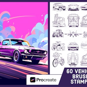 May include: A set of 60 vehicle brush stamps for Procreate, featuring a variety of vehicles including cars, trucks, motorcycles, airplanes, and boats. The stamps are black and white line drawings.