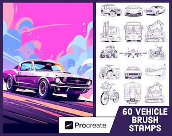 Könnte beinhalten: Ein Set mit 60 Fahrzeug-Pinsel-Stempeln für Procreate, mit einer Vielzahl von Fahrzeugen, darunter Autos, LKWs, Motorräder, Flugzeuge und Boote. Die Stempel sind Schwarzweiß-Zeichnungen.