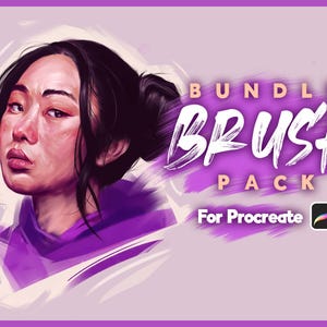以下が含まれることがあります： 女性の顔のデジタルイラストで、紫と白で描かれており、白い文字で「Bundle Brush Pack for Procreate」と書かれています。