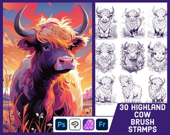Highland Cow-stempelborstels, Photoshop, Clip Studio, Affinity (ABR-penselen)