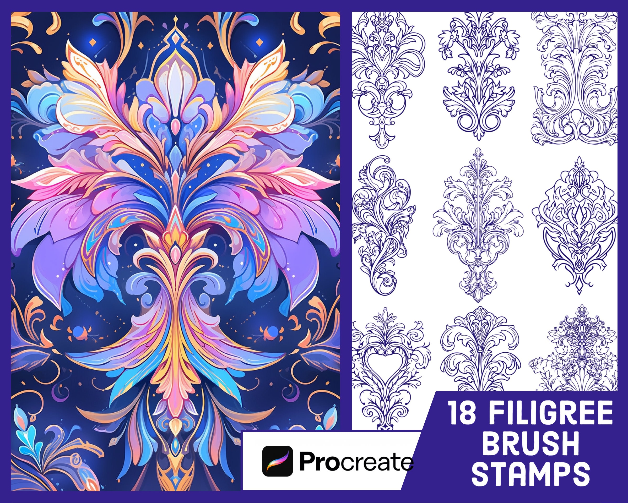 18 Filigree Stamp Brushes for Procreate - Ornamental Illustration Brush ...