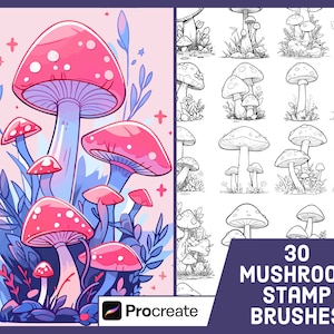 30 Magic Mushroom Stamp Brushes For Procreate - Toadstool Illustration Art Set